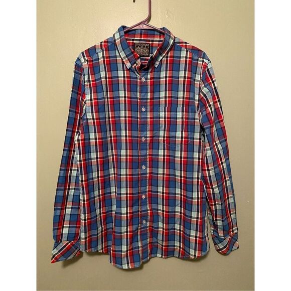 Straight Faded Blue Red Long Sleeve Button Down Shirt Size Medium - Picture 1 of 6
